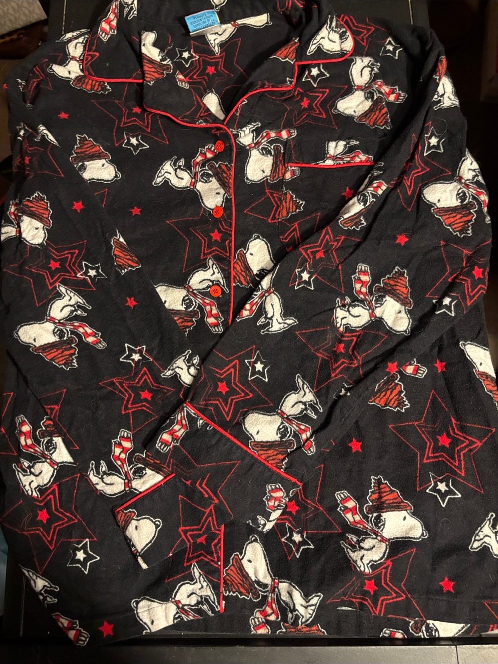 Peanuts Black Snoopy Star-Print Pajama Shirt with Red Trim